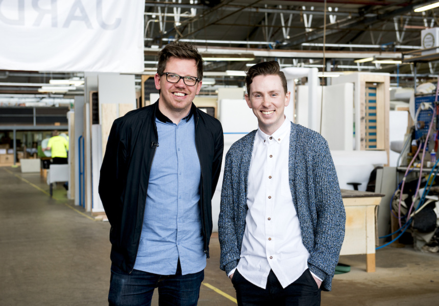 Head designer at Jardan Tom Shaw (left) and winner of the 2015 Mercedes-Benz Design Award presented by Broadsheet Bradley Mitchell. 
