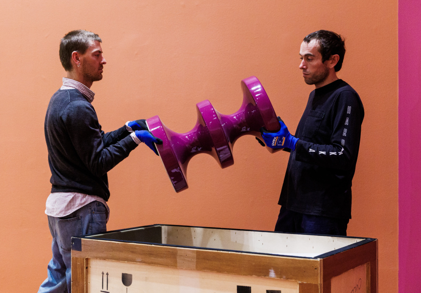William Bennett and Peter Narzisi, NGV Installers installing India Mahdavi’s Bishop Stool in Pierre Bonnard: Designed by India Mahdavi open from 9 June – 8 October at NGV International, Melbourne.
