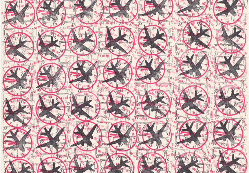 Miriam Stannage, 8.46 a.m. (11 Sept. 2001) 2002 (detail); 
relief prints, printed by hand in colour inks, from artist designed rubber stamps, 76.6 x 56.8 cm (printed image); National Gallery of Australia, Canberra, Gordon Darling Australia Pacific Print Fund, 2010
