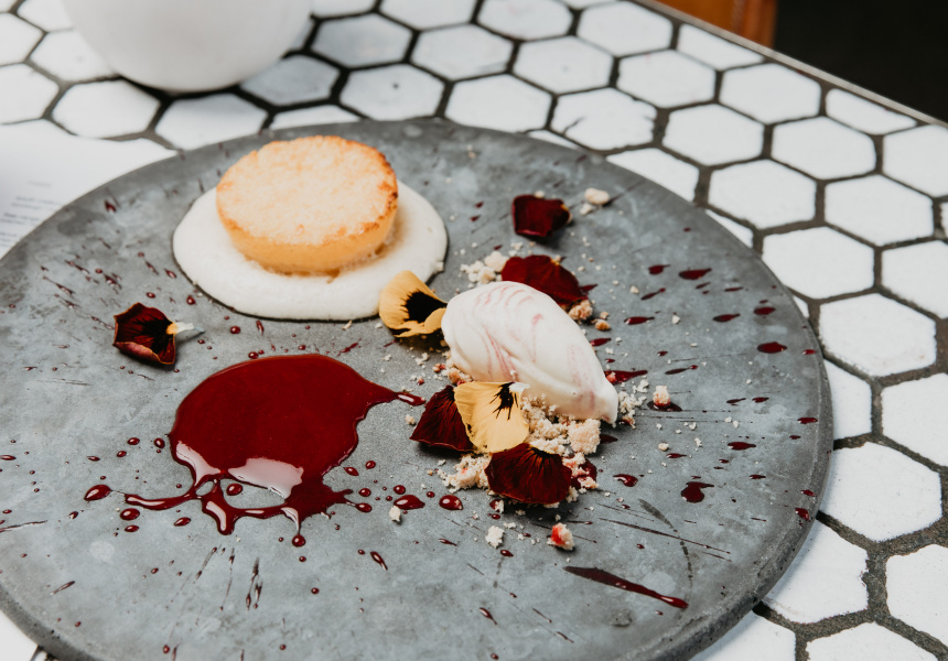 Recipe Hot CornManchego Cake With Raspberry Coulis, Coriander Crumble