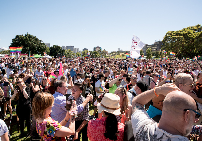 The announcement of the same-sex marriage postal survey at Prince Alfred Park, Nov 15, 2017.

