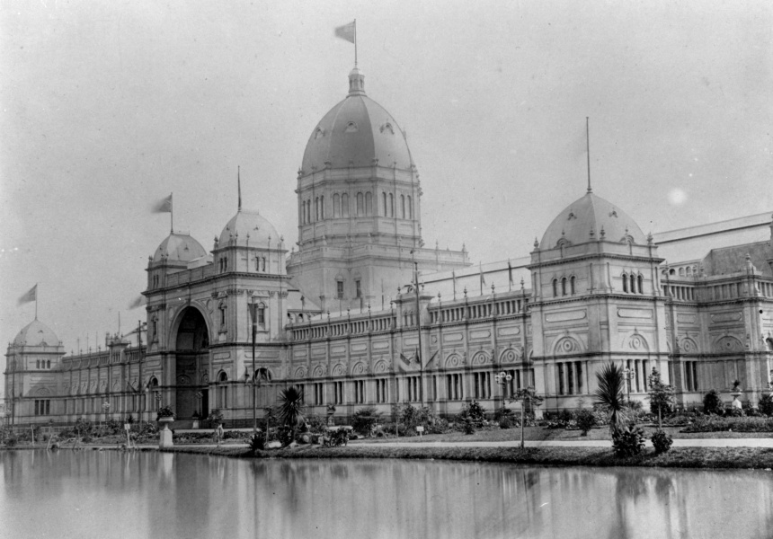 Royal Exhibition Building exterior view across lake c. 1900.
Source: Museum Victoria 
