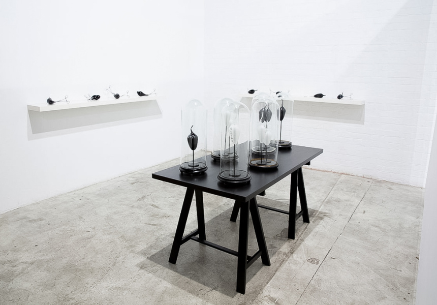 The silence of others (series of six) N2360, N2409, N2357,N2394, N1858, N2358, Found 19th century domes (Victorian), blown glass, steel, acrylic paint and wood, 2014
