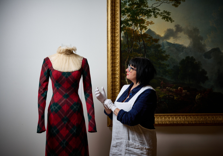 Garment being prepared by Vicki Car, Faahion and Textiles Technician, NGV for Alexander McQueen: Mind, Mythos, Muse at NGV International, Melbourne.
