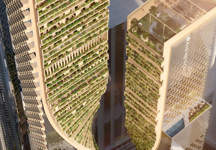 The twisting facades of STHBNK's two main towers
