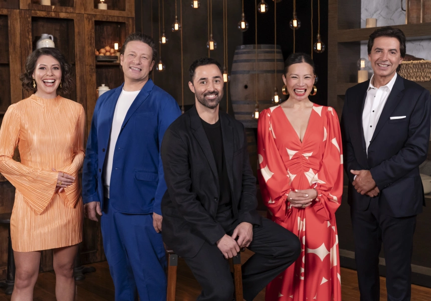 Masterchef 2024 judges Sofia Levin, Andy Allen, Poh-Ling Yeow and Jean-Christophe Novelli with British chef Jamie Oliver