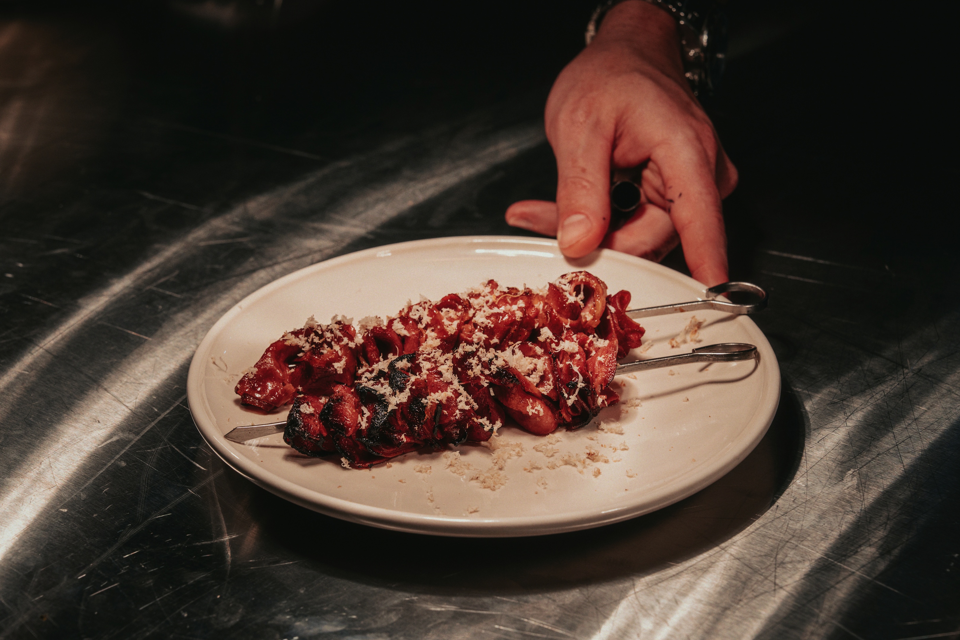 Westholme Wagyu tongue skewers, The Palomar. Photo: Declan Blackall
