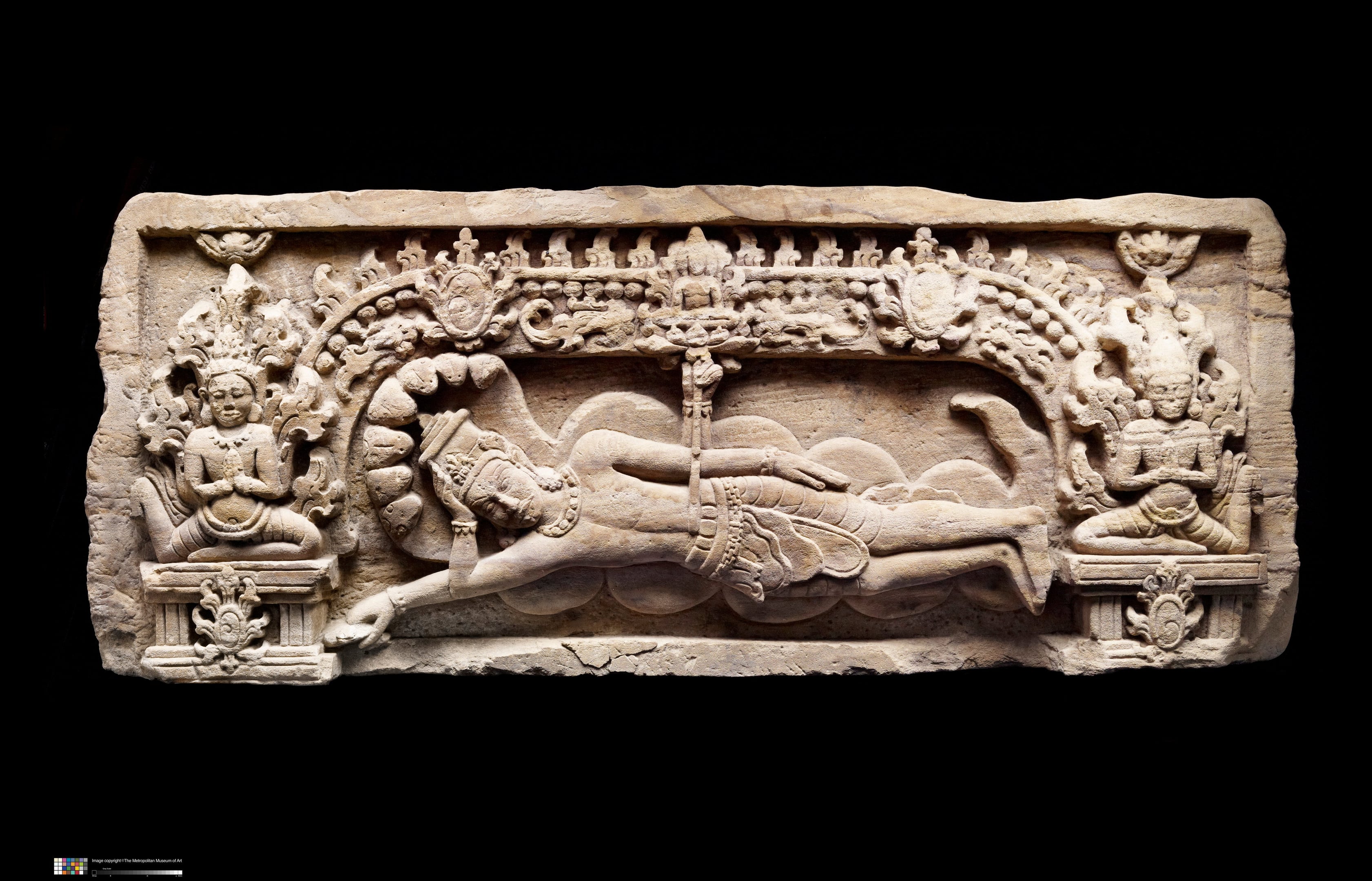 Cambodia, Battambang, Tuol Baset, Pre-Angkor period (c100–800) 'Lintel depicting Vishnu reclining on the serpent Ananta Shesha (Anantashayin) and the birth of Brahma' | Photo: Courtesy of the Metropolitan Museum of Art
