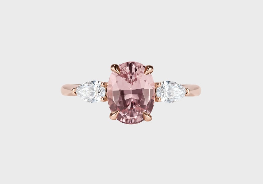 Cushla Whiting Aurora Oval Peach Sapphire Three Stone Engagement ring
