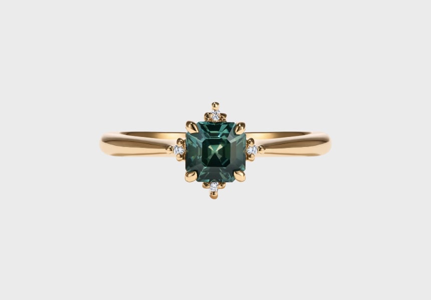 Lucia Asscher Cut Teal Sapphire Cluster Engagement ring