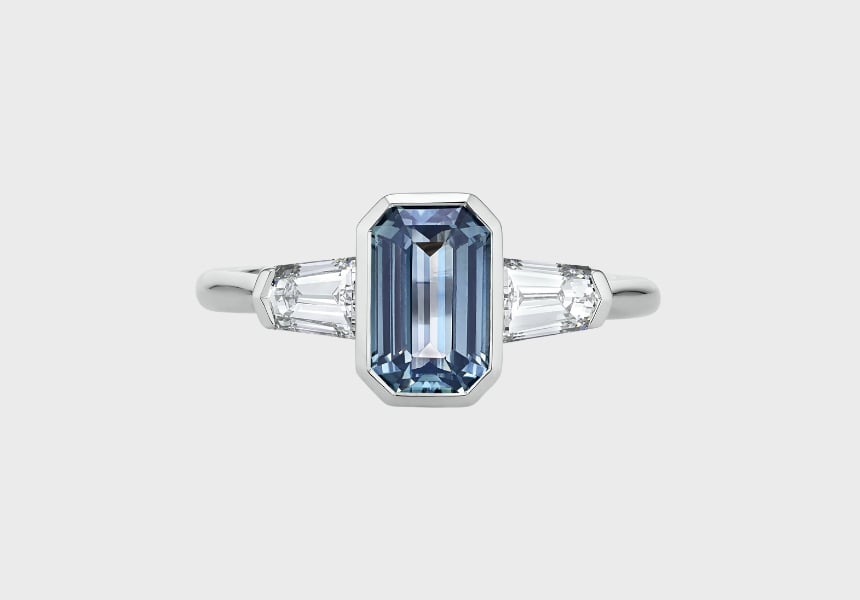 Cushla Whiting Marcella Emerald Cut Sapphire Three Stone Engagement ring