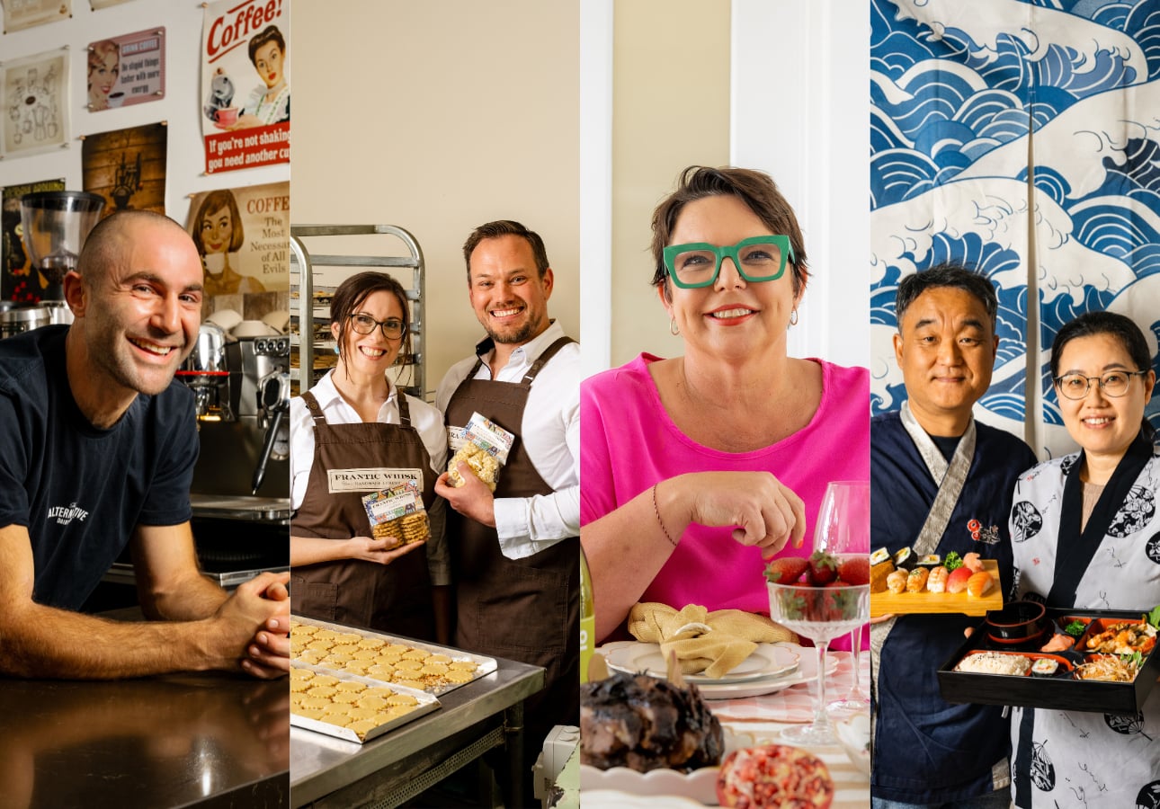 Left to right: Caffee Fontana, Frantic Whisk, Local Kitchen Co, and O'Sushi O'Bento·Photo: Courtesy of Adelaide Central Market