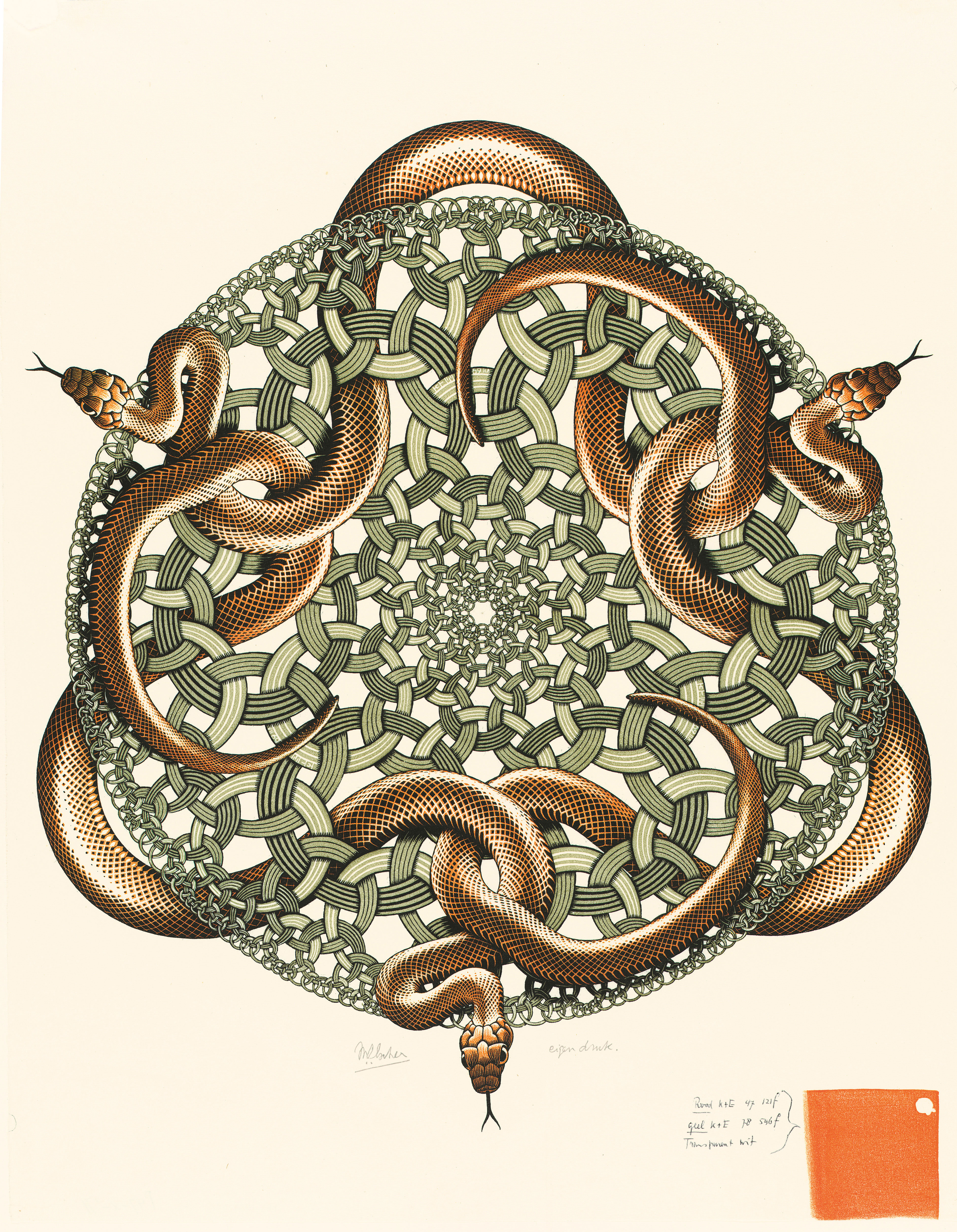 M. C. Escher
Snakes July 1969
colour woodcut
Escher Collection, Gemeentemuseum Den Haag, The Hague, the Netherlands
© The M. C. Escher Company, the Netherlands. All rights reserved
