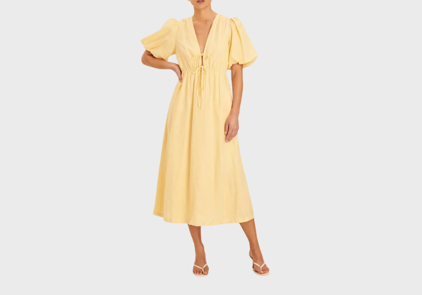 Linen Puff Sleeve Tie Front Midi Dress