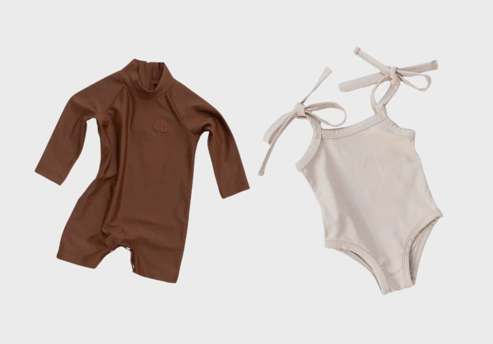 Cinnamon Baby rashie romper and one-piece swimsuit