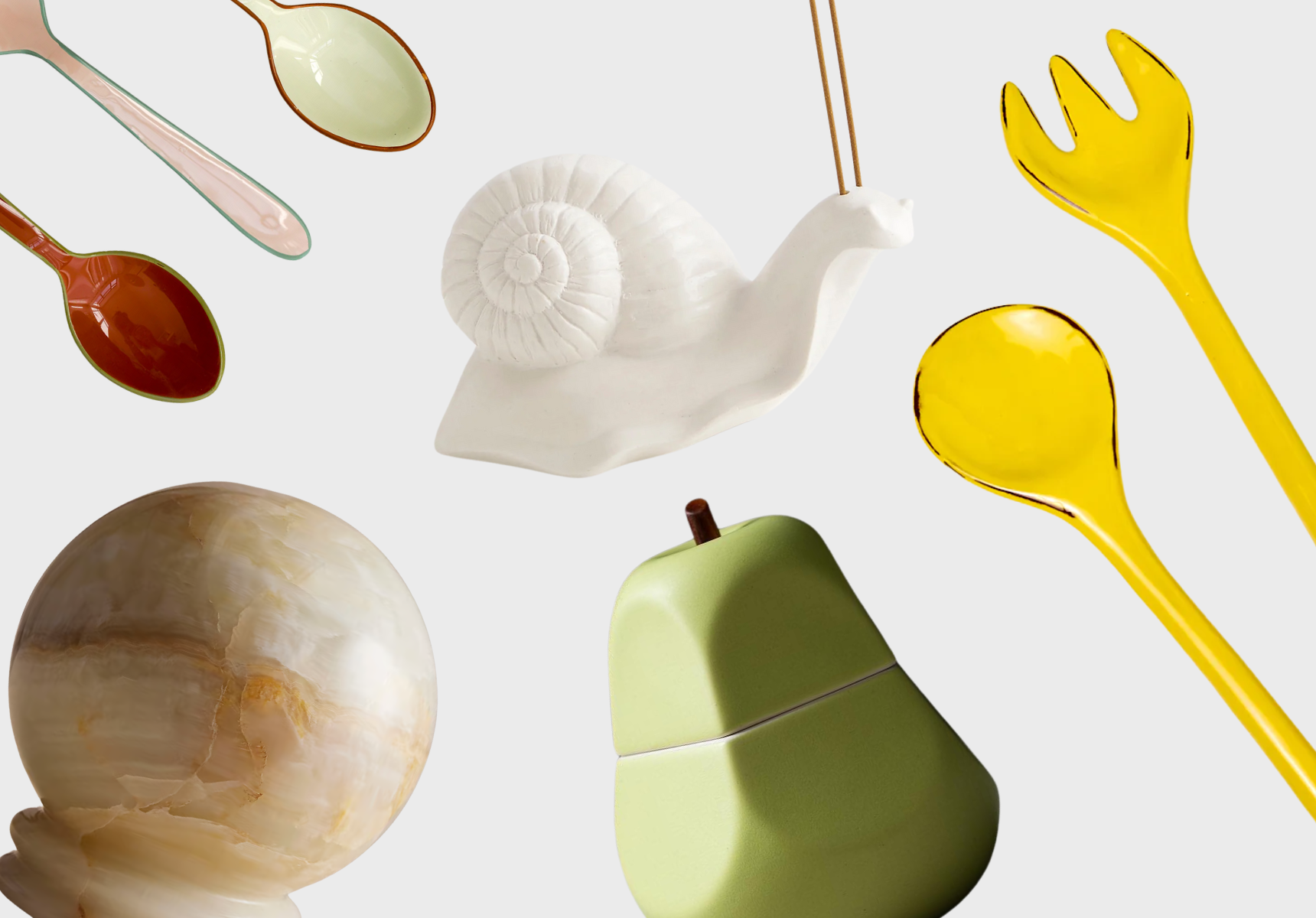 Serving spoons, a snail incense holder, pear-shaped sugar pot, orb lamp and a goose planter