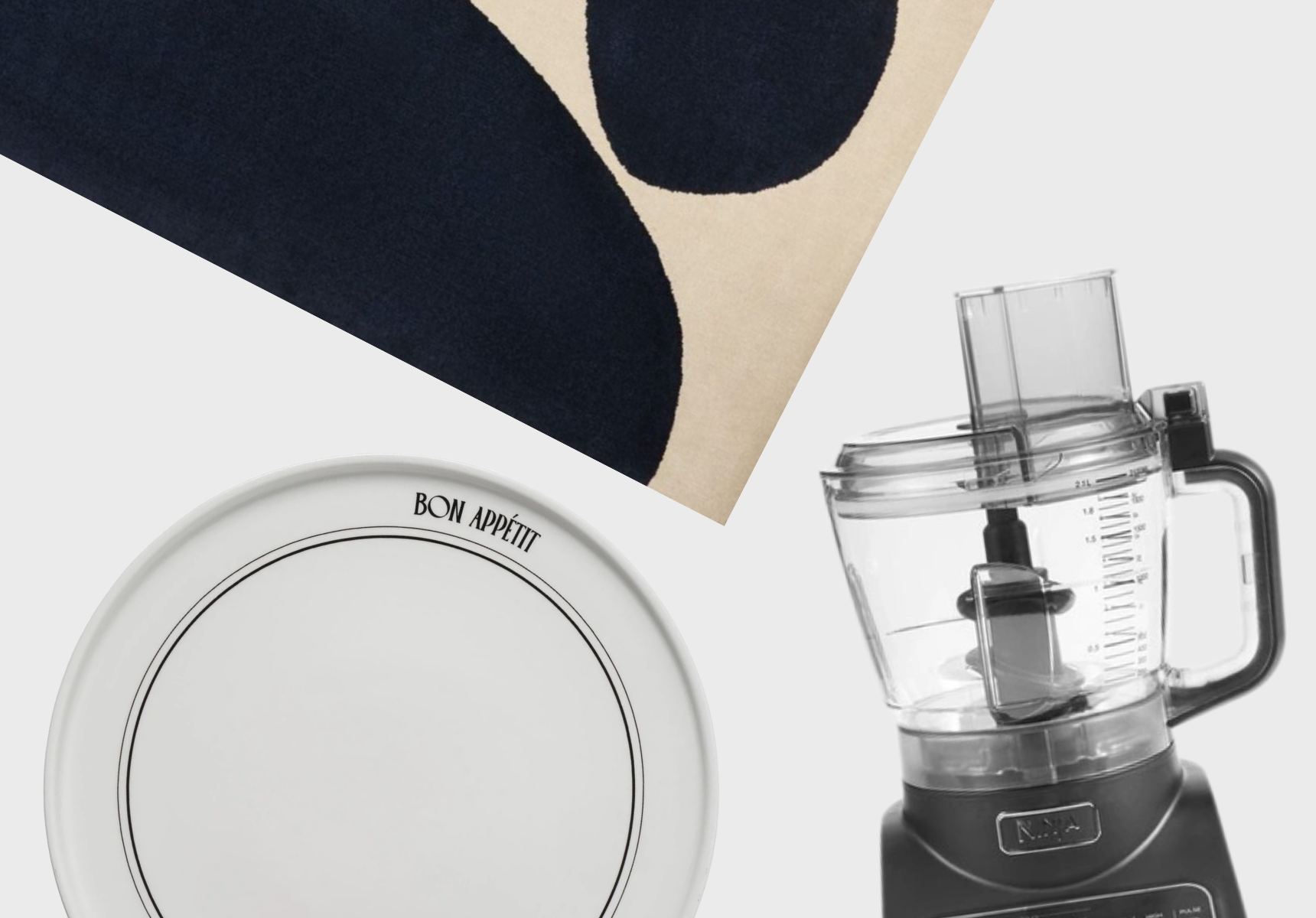 A designer rug, Ninja food processor and dinner plates