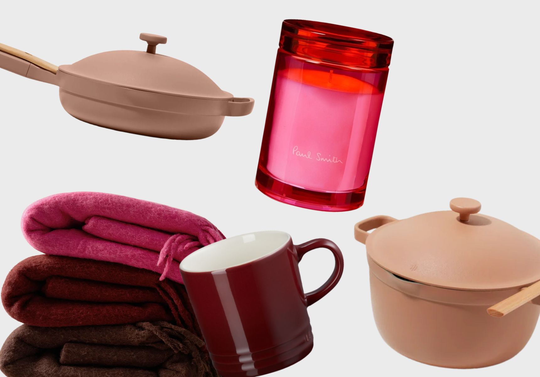 A merino wool throw, cookware, candle and a mug