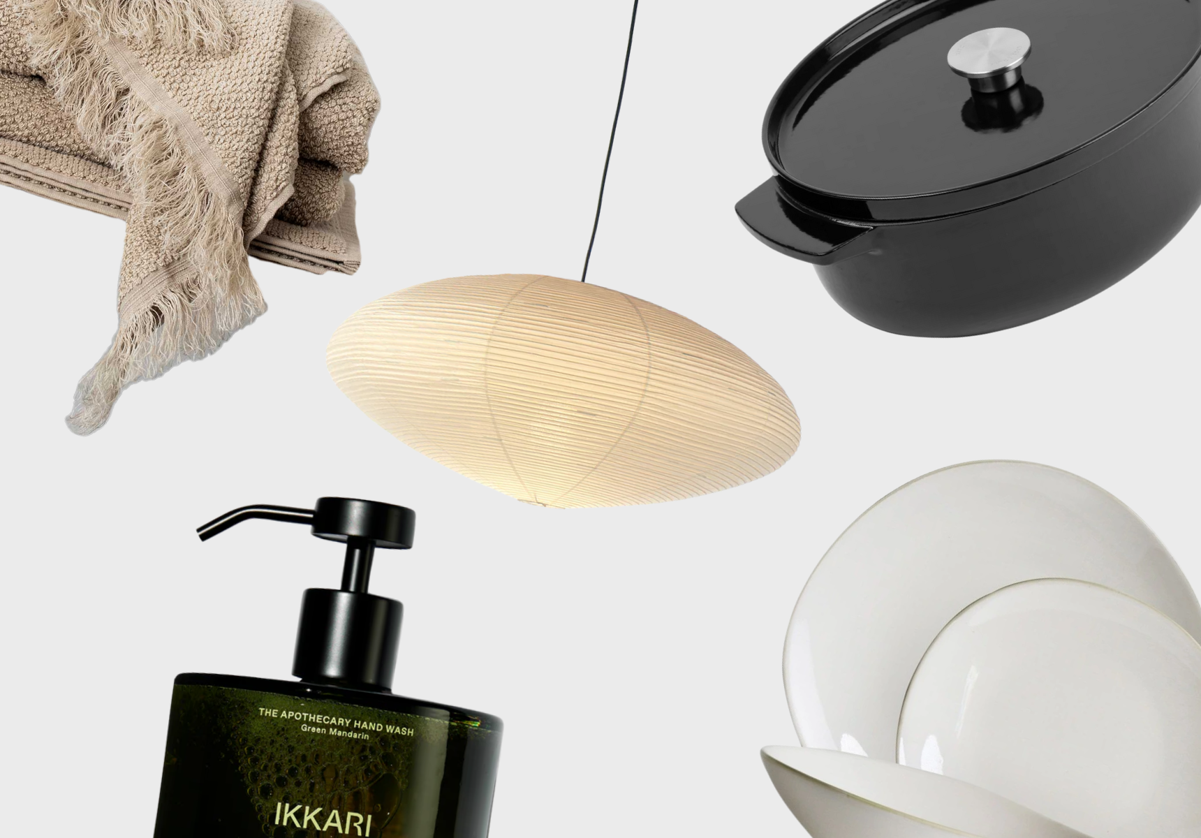 Bath towels, Ikkari handwash, a casserole dish, dinner plate set and a lampshade