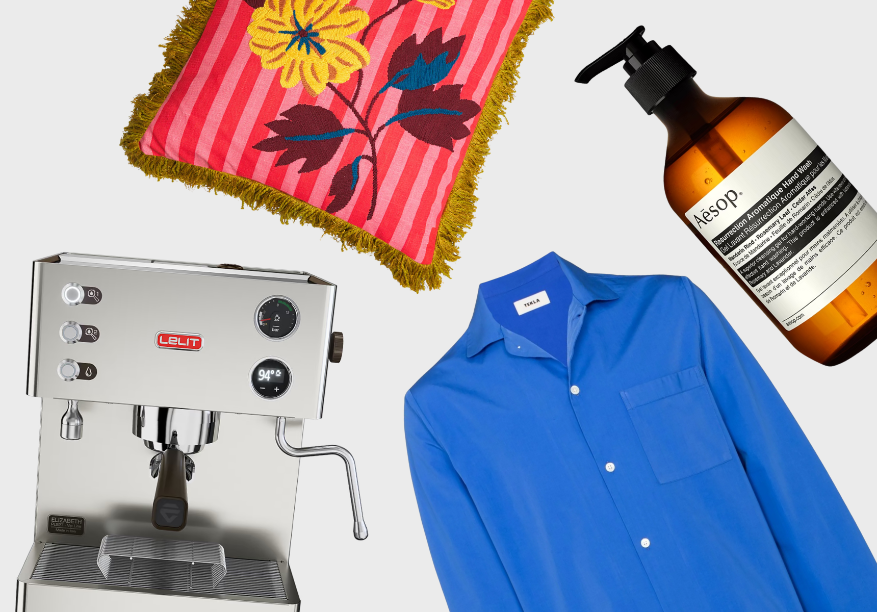 Throw cushions, espresso machine, Aesop handwash and a pyjama shirt