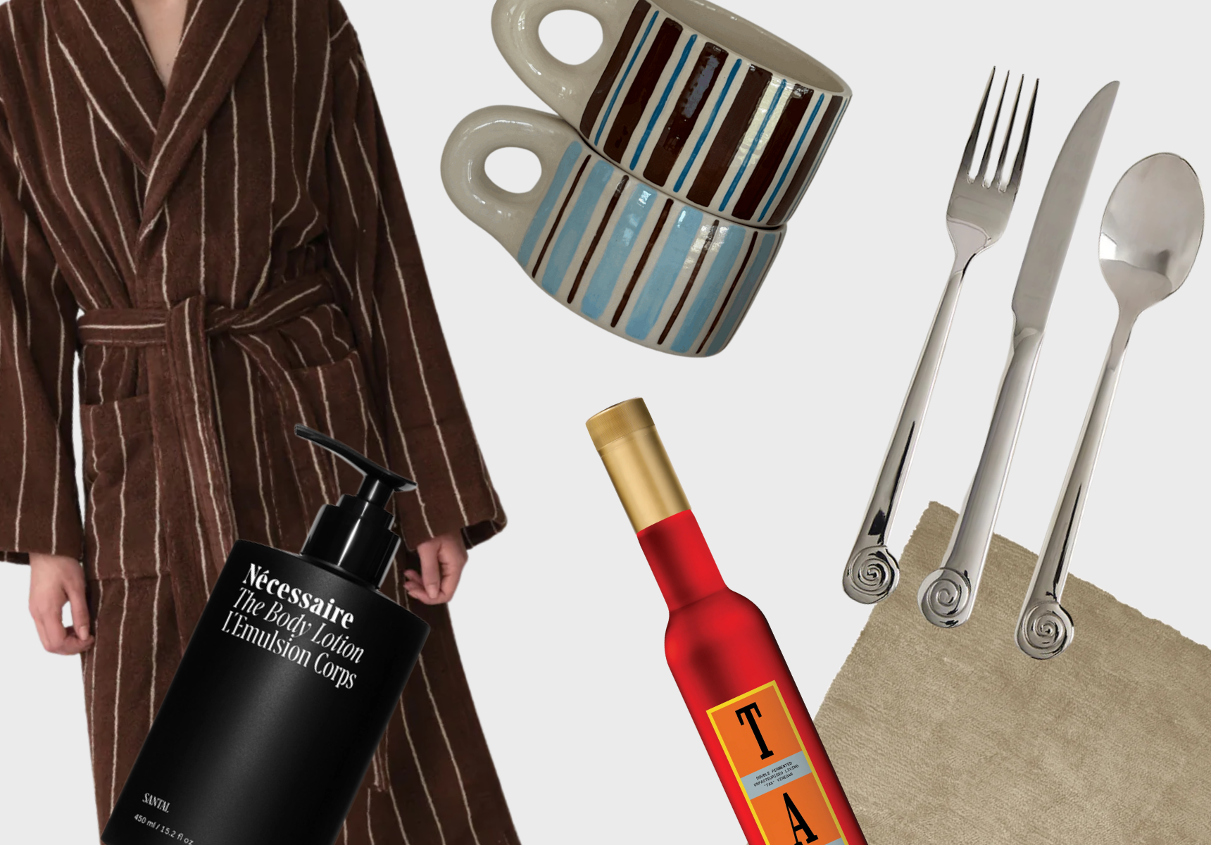 Red wine vinegar, silver cutlery, a striped bathrobe, merino wool rug, sandalwood body lotion and a ceramic mug